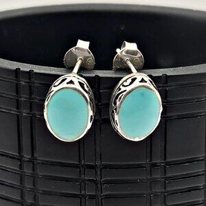 Vintage Turquoise Sterling Post Earrings – 1980s Oval Filigree Signed TM